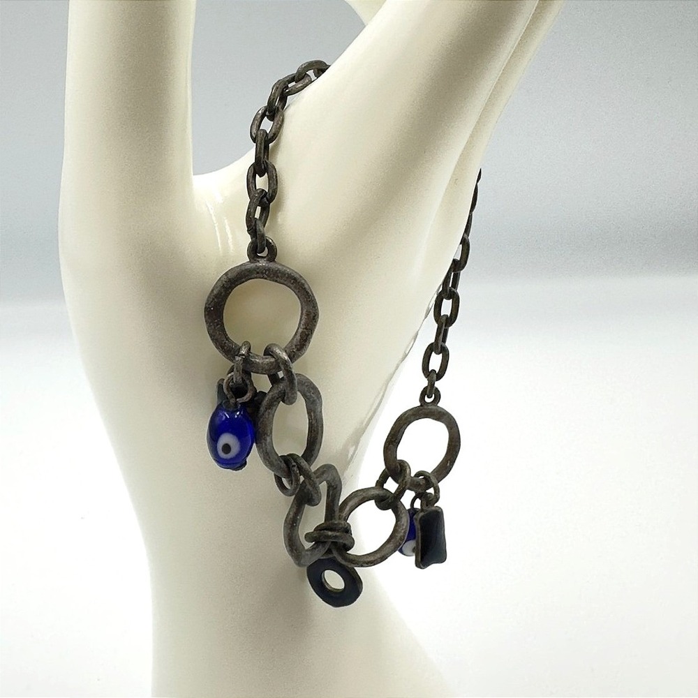 Vintage Pewter Tone Chain Charm Bracelet Blue‎ Evil Eye O Ring Asymmetrical Boho